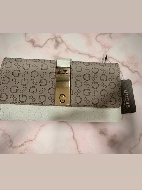 Guess Handbags - GUESS Two-Tone Logo Clutch in Taupe and White with Gold Hardware